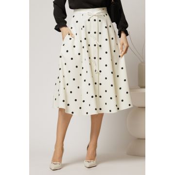 Fusta DY Fashion midi alba cu buline si fundite in contrast