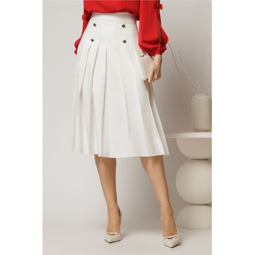 Fusta DY Fashion midi alba cu pliuri si nasturi decorativi