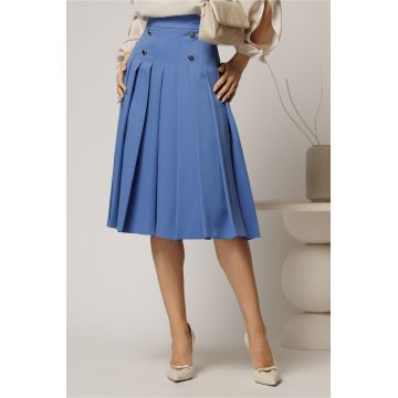 Fusta DY Fashion midi albastra cu pliuri si nasturi decorativi