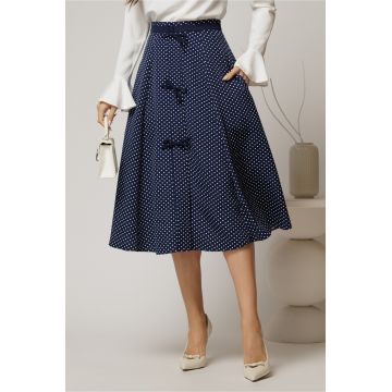 Fusta DY Fashion midi bleumarin cu buline si fundite in contrast