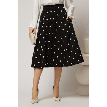 Fusta DY Fashion midi neagra cu buline si fundite in contrast