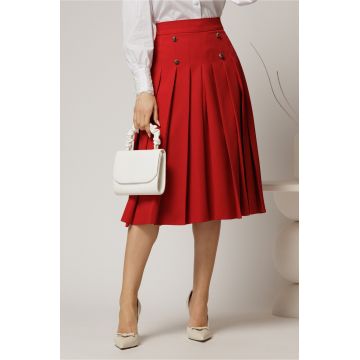 Fusta DY Fashion midi rosie cu pliuri si nasturi decorativi