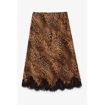 Fusta evazata cu aplicatie de dantela - Negru/Maro scortisoara