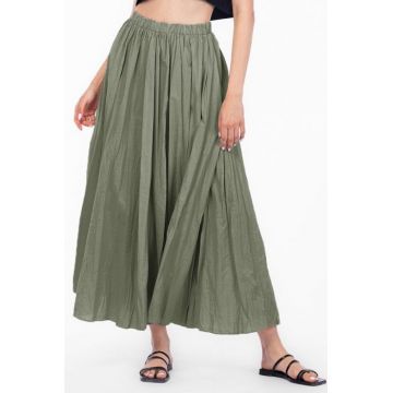 Fusta lunga, ampla, clos, din bumbac creponat, kaki