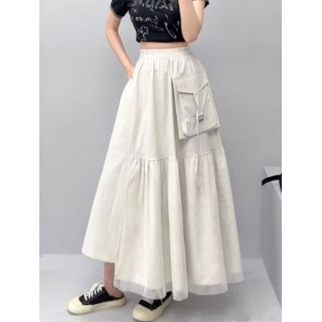Fusta lunga cu insertie de tulle si buzunar aplicat, bej