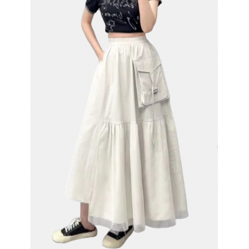 Fusta lunga cu insertie de tulle si buzunar aplicat, bej