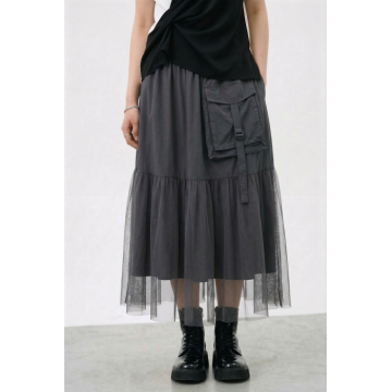 Fusta lunga cu insertie de tulle si buzunar aplicat, gri