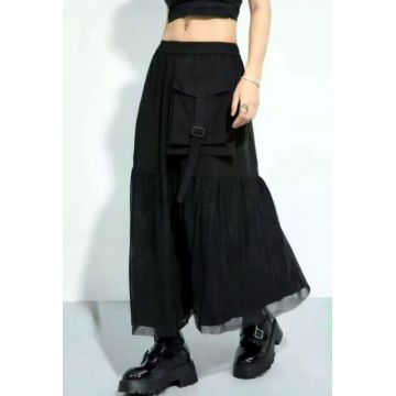 Fusta lunga cu insertie de tulle si buzunar aplicat, neagra