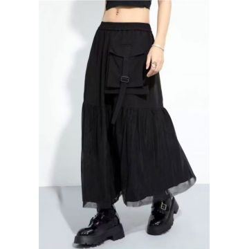 Fusta lunga cu insertie de tulle si buzunar aplicat, neagra