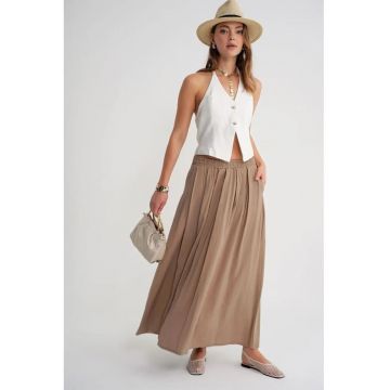 Fusta lunga  cu talie inalta - buzunare - maro camel - textil -