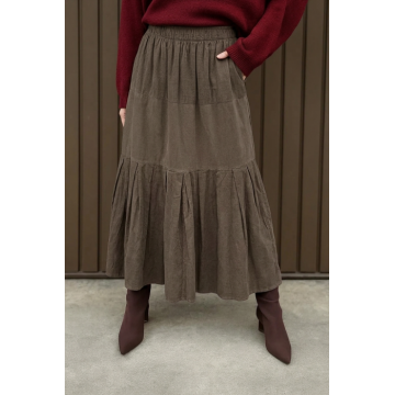 Fusta lunga din catifea reiata ampla cu volane, bej inchis