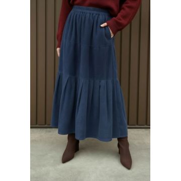 Fusta lunga din catifea reiata ampla cu volane, bleumarin