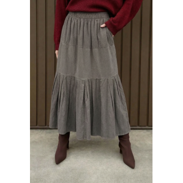 Fusta lunga din catifea reiata ampla cu volane, gri