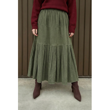Fusta lunga din catifea reiata ampla cu volane, kaki