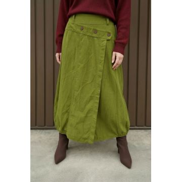 Fusta lunga din catifea reiata cu design petrecut, verde olive