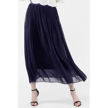 Fusta lunga din matase si vascoza, cu banda elastica, bleumarin inchis