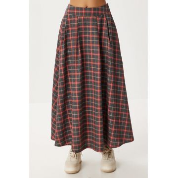 Fusta lunga - Happiness Istanbul - cu volane - in carouri - gri/rosu - textil