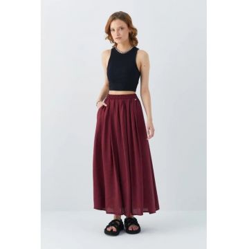 Fusta lunga  talie inalta - buzunare - rosu ciresiu - textil