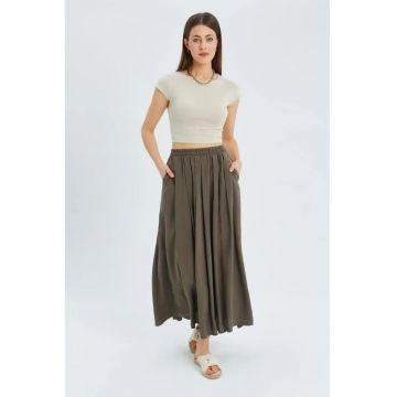 Fusta lunga  talie inalta - buzunare - verde kaki - textil