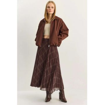 Fusta maxi  cu talie inalta - carouri - maro - bumbac-poliester