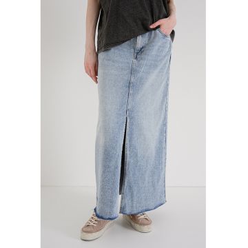 Fusta maxi din denim cu slit - Albastru melange