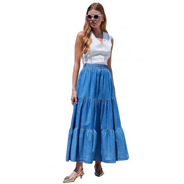 Fusta maxi din denim  volane - albastra - material de inalta calitate - Albastru marin -