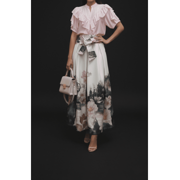 Fustă Maxi Elegantă cu Imprimeu Floral și Peisaj – Talie Elastică – Made in Italy