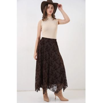 Fusta maxi  talie inalta - imprimeu floral - maro - textil