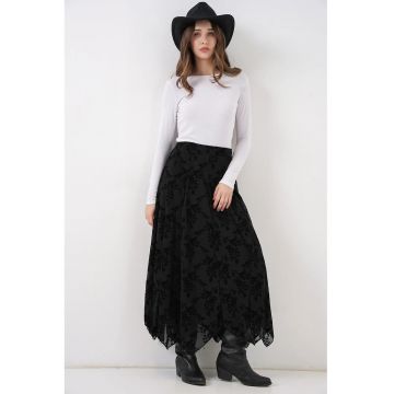 Fusta maxi  talie inalta - imprimeu floral - negru - textil