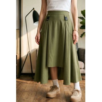 Fusta midi ampla cu lungime asimetrica, kaki