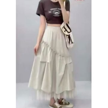 Fusta midi ampla cu volane, falduri si tulle,bej