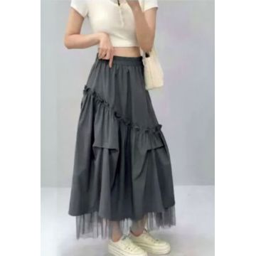 Fusta midi ampla cu volane, falduri si tulle, gri
