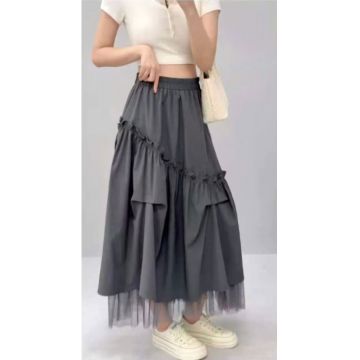 Fusta midi ampla cu volane, falduri si tulle, gri