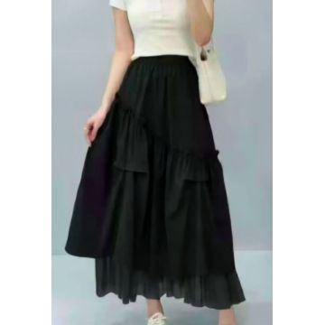 Fusta midi ampla cu volane, falduri si tulle, negra