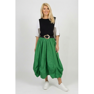 Fusta midi ampla din bumbac cu fronseuri si buzunare, verde