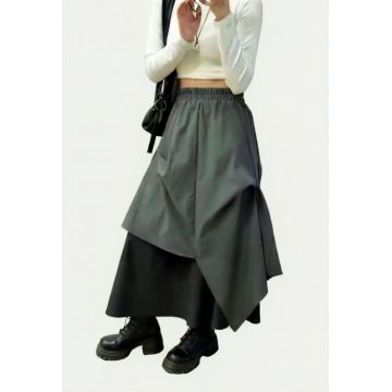 Fusta midi asimetrica cu suprapuneri, gri peste negru