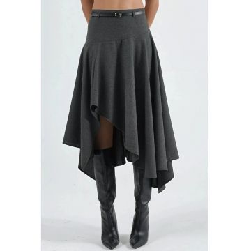 Fusta midi asimetrica -  talie inalta - gri inchis - textil