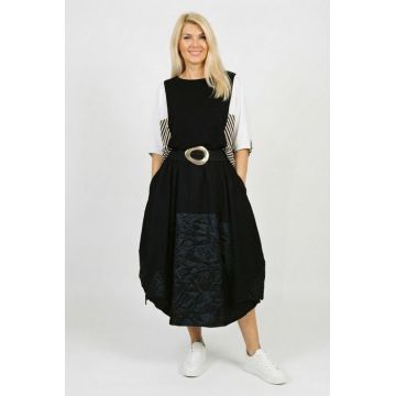 Fusta midi balon cu colturi si insertie material texturat satinat, neagra