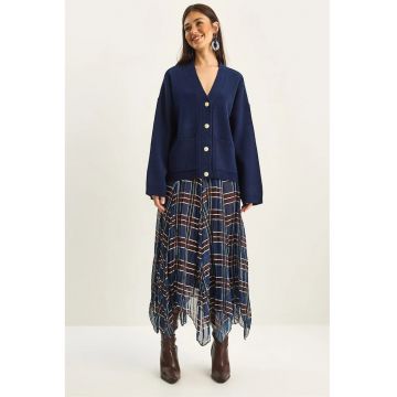 Fusta midi -  carouri - captusita - bleumarin - textil