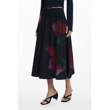 Fusta midi cu model floral - Negru