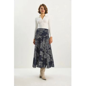 Fusta midi  cu talie inalta - imprimeu etnic - textil - Albastru marin - Albastru marin