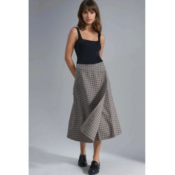 Fusta midi dama -  carouri - talie inalta - textil - multicolor