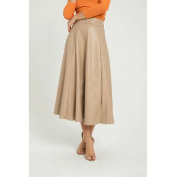 Fusta midi dama -  piele ecologica - talie inalta - bej