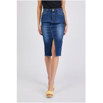 Fusta midi de denim cu slit frontal - Bleumarin