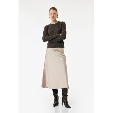 Fusta midi din satin cu croiala in A - Bej deschis