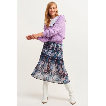 Fusta midi din sifon cu pliseu - Negru/Roz/Albastru