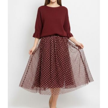 Fusta Midi Grena din Tul cu imprimeu buline mici