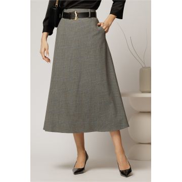 Fusta midi gri in carouri si buzunare