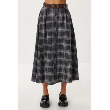 Fusta midi - Happiness Istanbul - talie inalta - inchidere cu nasturi - bleumarin - textil