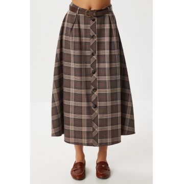 Fusta midi - Happiness Istanbul - talie inalta - inchidere cu nasturi - maro - textil